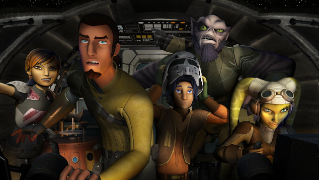 Die Besatzung der Ghost: Sabine, Chopper, Kanan, Ezra, Zeb und Hera.